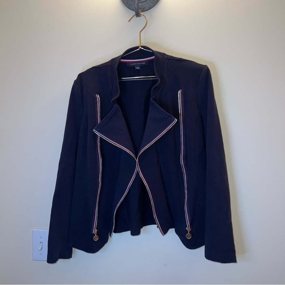 Tommy Hilfiger Navy Zip Front Jacket Gold Logo Details Size L - Picture 3 of 8